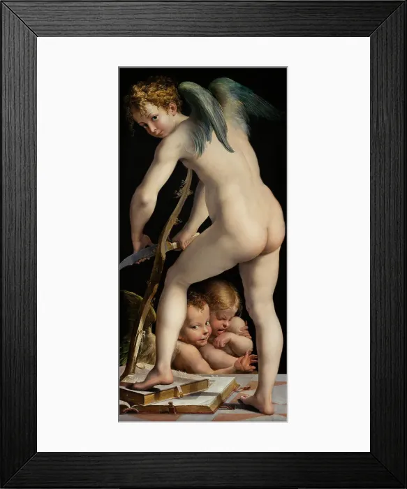 Framed Print : Bow-carving Cupid, Between 1534 und 1540. Artist: Parmigianino (1503-1540) Framed Print : Bow-carving Cupid, Between 1534 und 1540. Artist: Parmigianino (1503-1540)
