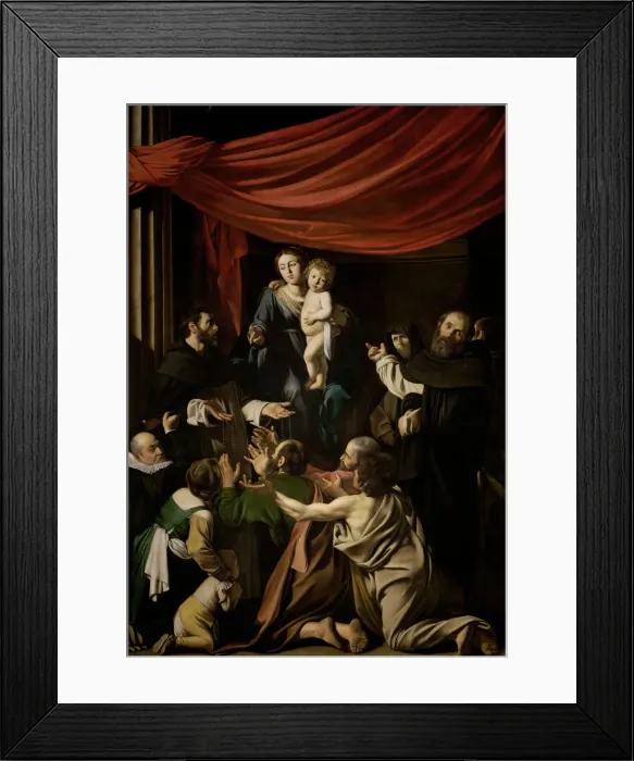 Framed Print : Madonna of the Rosary, 1605-1607. Artist: Caravaggio, Michelangelo (1571-1610) Framed Print : Madonna of the Rosary, 1605-1607. Artist: Caravaggio, Michelangelo (1571-1610)