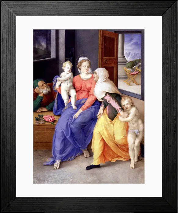 Framed Print : The Holy Family with John the Baptist as a Boy and Saint Elizabeth, 1556-1557. Artist: Clovio, Giulio (1498-1575) Framed Print : The Holy Family with John the Baptist as a Boy and Saint Elizabeth, 1556-1557. Artist: Clovio, Giulio (1498-1575)