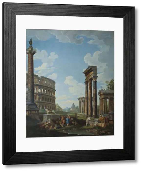 Framed Print : A capriccio with figures among Roman ruins including the Arch of Constantine and the Pantheon. Artist: Panini, Giovanni Paolo (1691-1765) Framed Print : A capriccio with figures among Roman ruins including the Arch of Constantine and the Pantheon. Artist: Panini, Giovanni Paolo (1691-1765)