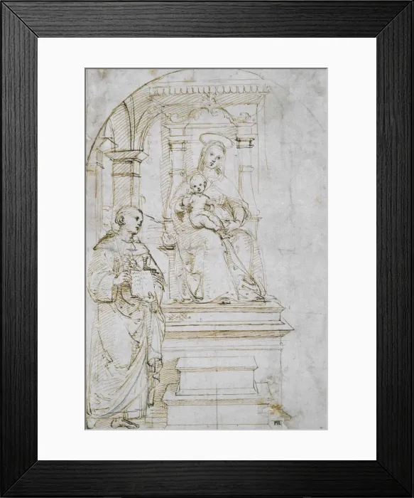 Framed Print : Sketch for an enthroned Virgin and Child with Saint Nicholas of Tolentino, c. 1504. Artist: Raphael (1483-1520) Framed Print : Sketch for an enthroned Virgin and Child with Saint Nicholas of Tolentino, c. 1504. Artist: Raphael (1483-1520)