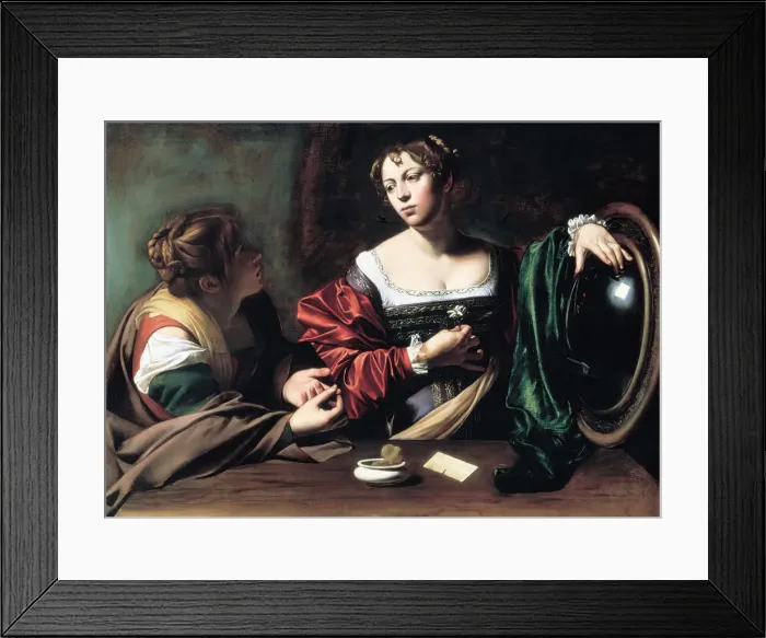 Framed Print : Martha and Mary Magdalene, c. 1598. Artist: Caravaggio, Michelangelo (1571-1610) Framed Print : Martha and Mary Magdalene, c. 1598. Artist: Caravaggio, Michelangelo (1571-1610)