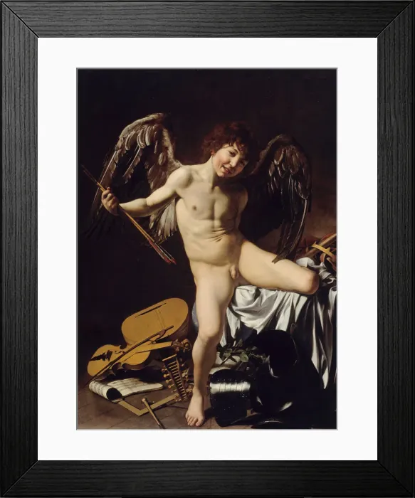 Framed Print : Cupid as Victor, ca 1601. Artist: Caravaggio, Michelangelo (1571-1610) Framed Print : Cupid as Victor, ca 1601. Artist: Caravaggio, Michelangelo (1571-1610)