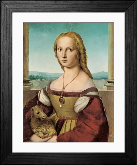 Framed Print : Portrait of a Young Lady with a Unicorn, 1505-1506. Artist: Raphael (1483-1520) Framed Print : Portrait of a Young Lady with a Unicorn, 1505-1506. Artist: Raphael (1483-1520)
