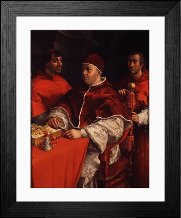 Framed Print : Portrait of Pope Leo X with Cardinals Giulio de Medici and Luigi de Rossi, ca 1518. Artist: Raphael (1483-1520) Framed Print : Portrait of Pope Leo X with Cardinals Giulio de Medici and Luigi de Rossi, ca 1518. Artist: Raphael (1483-1520)