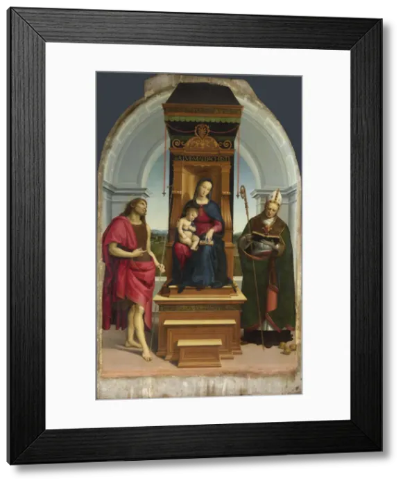 Framed Print : The Madonna and Child with Saint John the Baptist and Saint Nicholas of Bari (The Ansidei Madonna), 1505. Artist: Raphael (1483-1520) Framed Print : The Madonna and Child with Saint John the Baptist and Saint Nicholas of Bari (The Ansidei Madonna), 1505. Artist: Raphael (1483-1520)