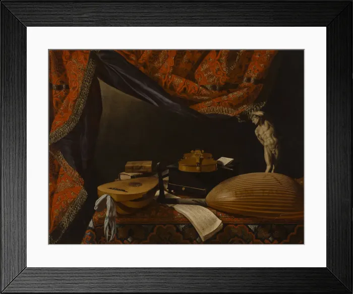 Framed Print : Still life with Musical Instruments, Books and Sculpture, c. 1650. Artist: Baschenis, Evaristo (1617-1677) Framed Print : Still life with Musical Instruments, Books and Sculpture, c. 1650. Artist: Baschenis, Evaristo (1617-1677)