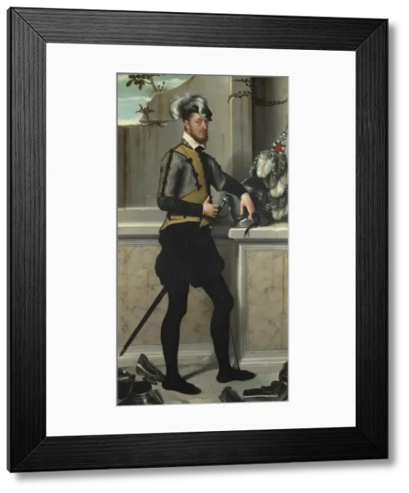 Framed Print : A Knight with his Jousting Helmet (Il Cavaliere dal Piede Ferito, Conte Faustino Avogadro (?), ca 1554. Artist: Moroni, Giovan Battista (1520 / 25-1578) Framed Print : A Knight with his Jousting Helmet (Il Cavaliere dal Piede Ferito, Conte Faustino Avogadro (?), ca 1554. Artist: Moroni, Giovan Battista (1520 / 25-1578)