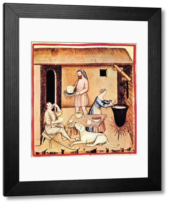 Framed Print : The production of cheese. A miniature from Tacuinum Sanitatis, Second Half of 14th cen Artist: Anonymous Framed Print : The production of cheese. A miniature from Tacuinum Sanitatis, Second Half of 14th cen Artist: Anonymous