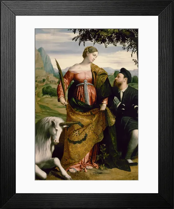 Framed Print : Saint Justina, Venerated by a Patron, ca 1530. Artist: Moretto da Brescia (ca 1498 - 1554) Framed Print : Saint Justina, Venerated by a Patron, ca 1530. Artist: Moretto da Brescia (ca 1498 - 1554)