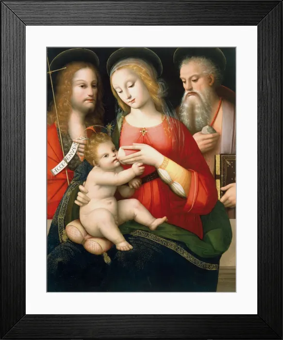 Framed Print : Madonna with Child and Saints John the Baptist and Jerome, Early 16th century. Artist: Piccinelli, Andrea (ca. 1485-1519) Framed Print : Madonna with Child and Saints John the Baptist and Jerome, Early 16th century. Artist: Piccinelli, Andrea (ca. 1485-1519)