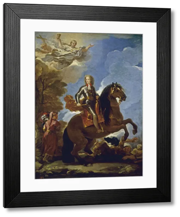 Framed Print : Equestrian Portrait of Charles II of Spain, before 1694. Artist: Giordano, Luca (1632-1705) Framed Print : Equestrian Portrait of Charles II of Spain, before 1694. Artist: Giordano, Luca (1632-1705)