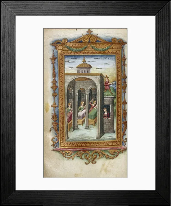 Framed Print : Daughters of Danaus murdering their husbands. Hypermnestra in prison (Illustration for The Heroides by Ovid), 1485-1499. Artist: Majorana, Cristoforo (active ca. 1480-1494) Framed Print : Daughters of Danaus murdering their husbands. Hypermnestra in prison (Illustration for The Heroides by Ovid), 1485-1499. Artist: Majorana, Cristoforo (active ca. 1480-1494)