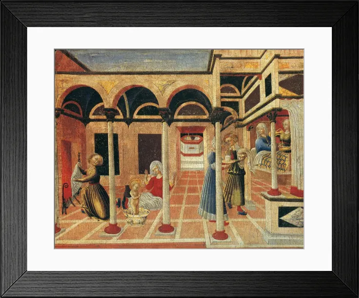 Framed Print : Birth of Saint Nicolas of Bari, 1430s. Artist: Pietro di Giovanni d Ambrogio (ca 1410-1449) Framed Print : Birth of Saint Nicolas of Bari, 1430s. Artist: Pietro di Giovanni d Ambrogio (ca 1410-1449)