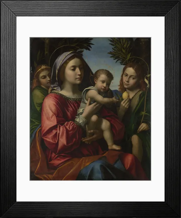 Framed Print : The Virgin and Child with the Baptist and an Angel, c. 1516. Artist: Morando, Paolo (ca 1486 / 8 - 1522) Framed Print : The Virgin and Child with the Baptist and an Angel, c. 1516. Artist: Morando, Paolo (ca 1486 / 8 - 1522)