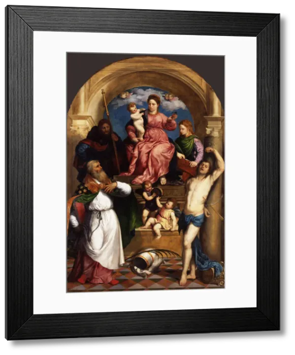 Framed Print : Enthroned Madonna with Child and Saints, ca 1530. Artist: Bordone, Paris (1500-1571) Framed Print : Enthroned Madonna with Child and Saints, ca 1530. Artist: Bordone, Paris (1500-1571)