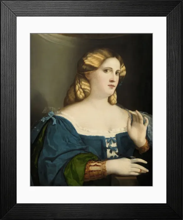 Framed Print : Young Woman in a Blue Dress, with Fan, 1512-1514. Artist: Palma il Vecchio, Jacopo, the Elder (1480-1528) Framed Print : Young Woman in a Blue Dress, with Fan, 1512-1514. Artist: Palma il Vecchio, Jacopo, the Elder (1480-1528)