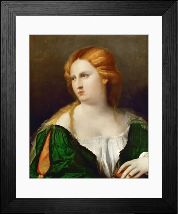 Framed Print : Young woman in a green dress, a box in her hand, ca 1514. Artist: Palma il Vecchio, Jacopo, the Elder (1480-1528) Framed Print : Young woman in a green dress, a box in her hand, ca 1514. Artist: Palma il Vecchio, Jacopo, the Elder (1480-1528)