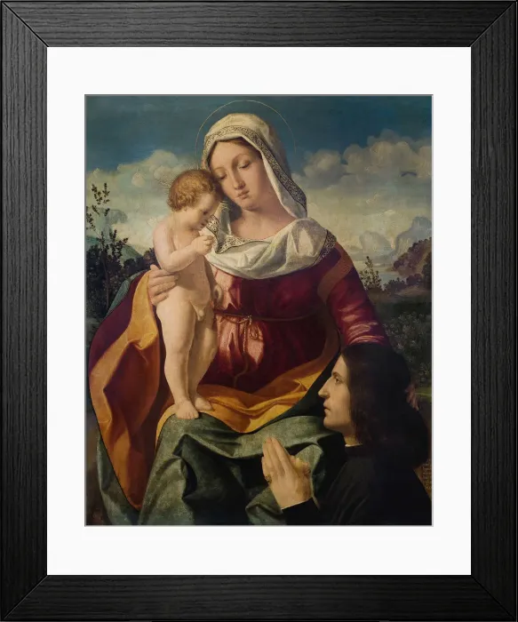 Framed Print : Virgin and child with a Donor, 1504. Artist: Previtali, Andrea (ca 1480-1528) Framed Print : Virgin and child with a Donor, 1504. Artist: Previtali, Andrea (ca 1480-1528)