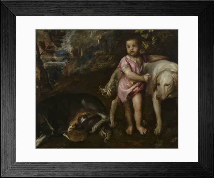 Framed Print : Boy with Dogs in a Landscape, 1565-1576. Artist: Titian (1488-1576) Framed Print : Boy with Dogs in a Landscape, 1565-1576. Artist: Titian (1488-1576)