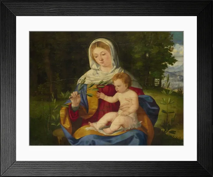Framed Print : The Virgin and Child with a Shoot of Olive, ca 1515. Artist: Previtali, Andrea (ca 1480-1528) Framed Print : The Virgin and Child with a Shoot of Olive, ca 1515. Artist: Previtali, Andrea (ca 1480-1528)