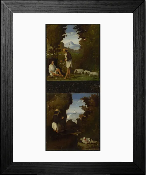 Framed Print : Scenes from Tebaldeos Eclogues. Thyrsis finds the Body of Damon, c. 1510. Artist: Previtali, Andrea (ca 1480-1528) Framed Print : Scenes from Tebaldeos Eclogues. Thyrsis finds the Body of Damon, c. 1510. Artist: Previtali, Andrea (ca 1480-1528)