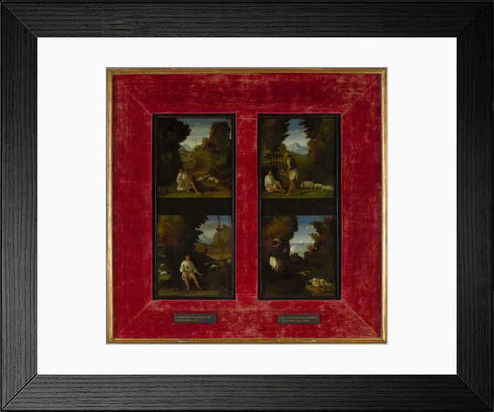 Framed Print : Scenes from Tebaldeos Eclogues, c. 1510. Artist: Previtali, Andrea (ca 1480-1528) Framed Print : Scenes from Tebaldeos Eclogues, c. 1510. Artist: Previtali, Andrea (ca 1480-1528)