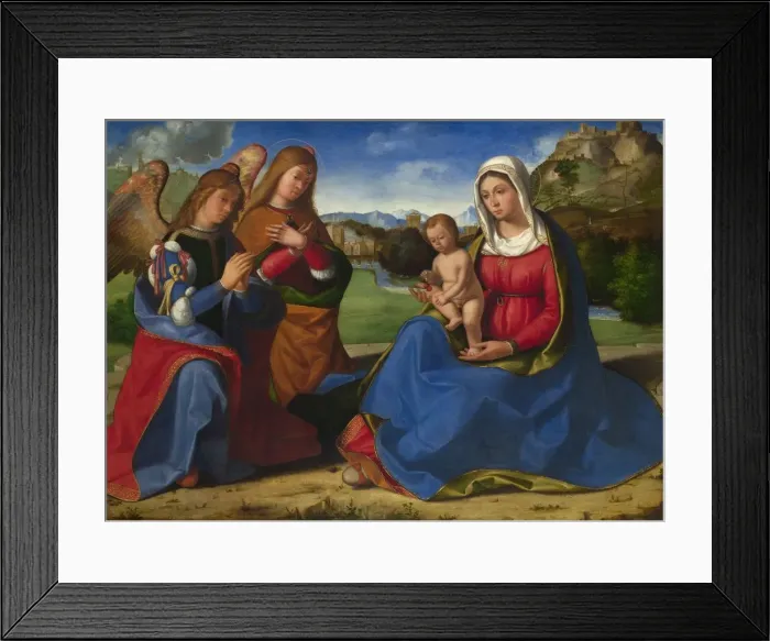 Framed Print : The Virgin and Child adored by Two Angels, c. 1505. Artist: Previtali, Andrea (ca 1480-1528) Framed Print : The Virgin and Child adored by Two Angels, c. 1505. Artist: Previtali, Andrea (ca 1480-1528)