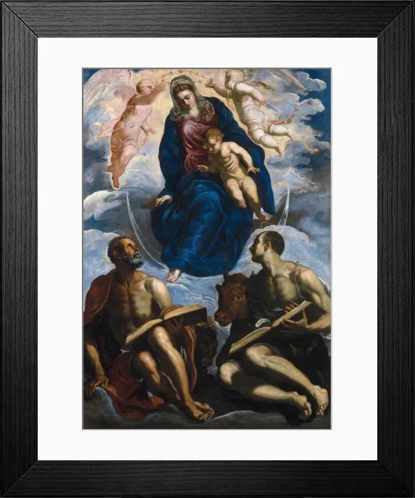 Framed Print : Mary with the Child, Venerated by Saint Mark and Saint Luke, before 1570. Artist: Tintoretto, Jacopo (1518-1594) Framed Print : Mary with the Child, Venerated by Saint Mark and Saint Luke, before 1570. Artist: Tintoretto, Jacopo (1518-1594)