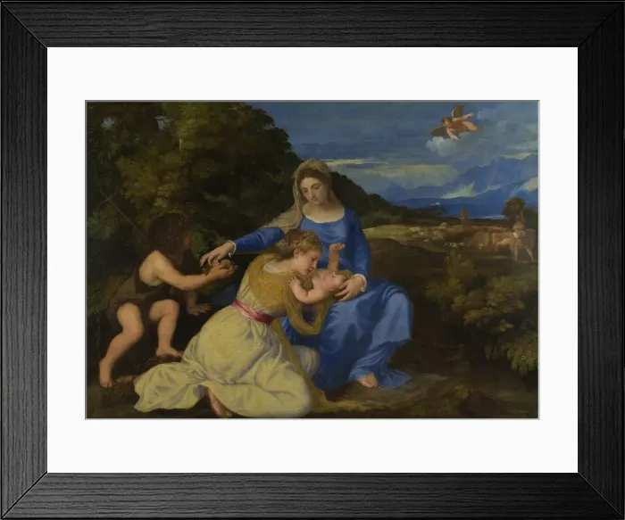 Framed Print : The Virgin and Child with the young Saint John the Baptist (The Aldobrandini Madonna), ca 1532. Artist: Titian (1488-1576) Framed Print : The Virgin and Child with the young Saint John the Baptist (The Aldobrandini Madonna), ca 1532. Artist: Titian (1488-1576)