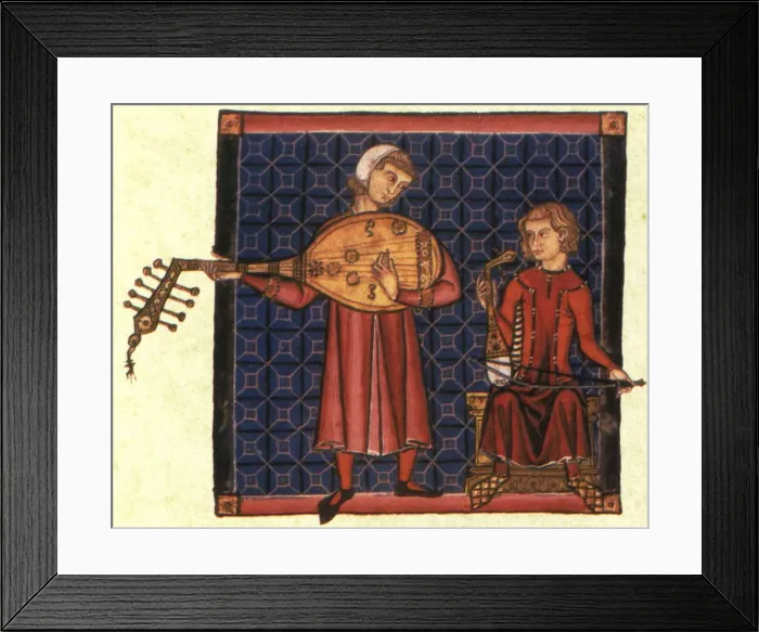 Framed Print : Two minstrels. Illustration from the codex of the Cantigas de Santa Maria, c. 1280. Artist: Anonymous
