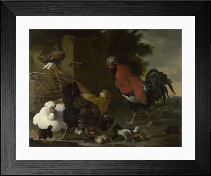 Framed Print : A Cock, Hens and Chicks, ca 1668-1670. Artist: Hondecoeter, Melchior de (1636-1695) Framed Print : A Cock, Hens and Chicks, ca 1668-1670. Artist: Hondecoeter, Melchior de (1636-1695)