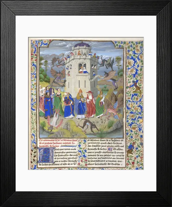 Framed Print : Fortress of Faith (Miniature of the Saints Gregory, Augustine, Jerome, and Ambrose fighting demons), Late 15th cen Artist: Liedet, Loyset (1420-1479) Framed Print : Fortress of Faith (Miniature of the Saints Gregory, Augustine, Jerome, and Ambrose fighting demons), Late 15th cen Artist: Liedet, Loyset (1420-1479)