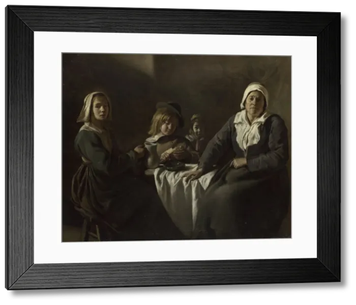 Framed Print : Four Figures at a Table, c. 1643. Artist: Le Nain, Louis (1593-1648) Framed Print : Four Figures at a Table, c. 1643. Artist: Le Nain, Louis (1593-1648)