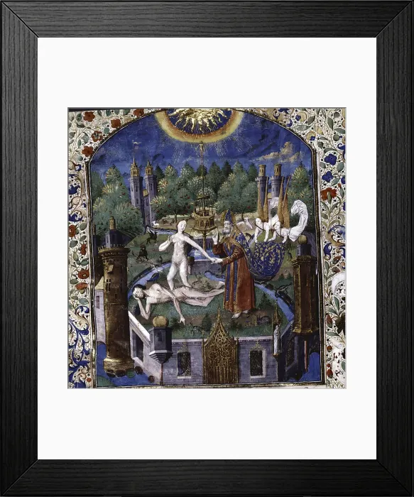 Framed Print : The creation of Eve from the body of the sleeping Adam (From De cleres et nobles femmes by Giovanni Boccaccio), 1450-1475. Artist: Maitre Francois (active 1460-1480)