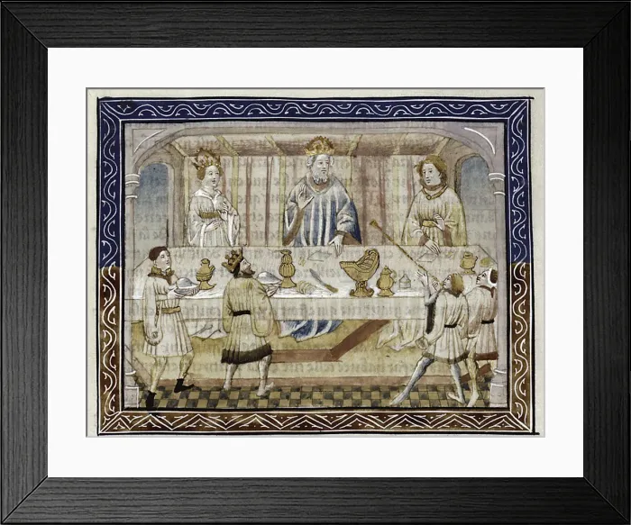 Framed Print : Caesar Augustus, his wife and son at table (From: Jean Hayton, Fleur des histoires de la terre d Orient), c. 1410. Artist: Master of Berry Apocalypse (active 1400-1415) Framed Print : Caesar Augustus, his wife and son at table (From: Jean Hayton, Fleur des histoires de la terre d Orient), c. 1410. Artist: Master of Berry Apocalypse (active 1400-1415)