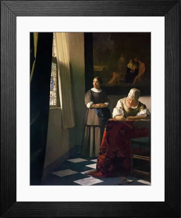 Framed Print : Lady Writing a Letter with her Maid. Artist: Vermeer, Jan (Johannes) (1632-1675) Framed Print : Lady Writing a Letter with her Maid. Artist: Vermeer, Jan (Johannes) (1632-1675)