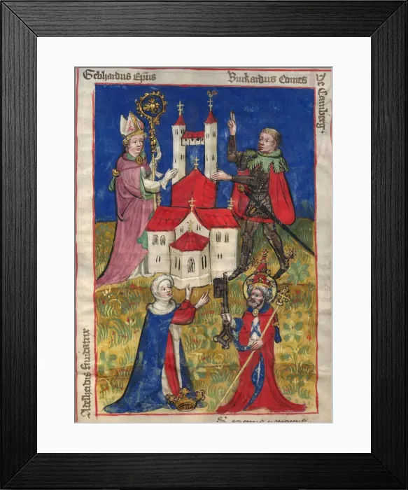 Framed Print : The founding of the Oehringen convent of canons in 1037 (From the Obleybuch of Oehringen). Artist: Anonymous Framed Print : The founding of the Oehringen convent of canons in 1037 (From the Obleybuch of Oehringen). Artist: Anonymous