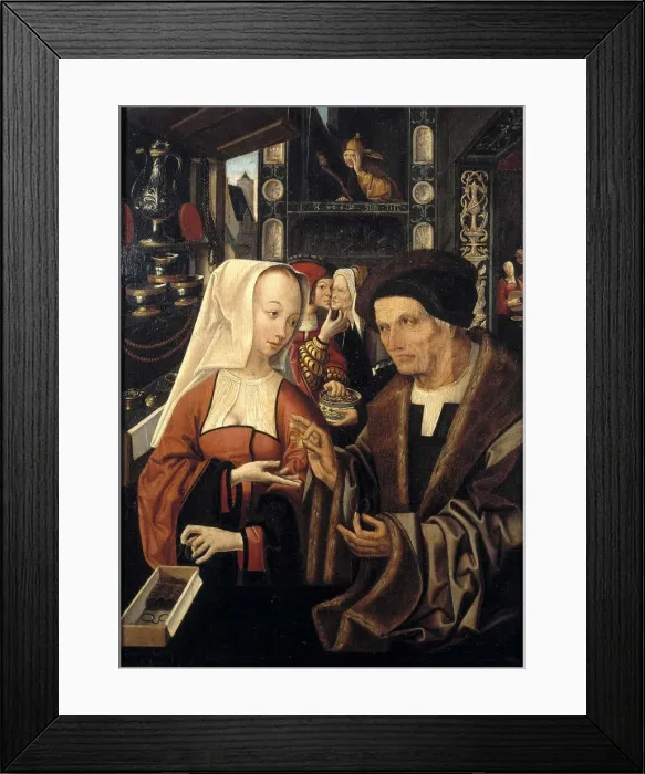 Framed Print : The Spectacles Seller. Artist: Cornelisz van Oostsanen, Jacob (ca. 1470-1533) Framed Print : The Spectacles Seller. Artist: Cornelisz van Oostsanen, Jacob (ca. 1470-1533)