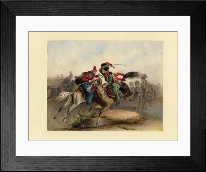 Framed Print : French Horse Chasseurs of the Imperial Guard in Combat with the Russian Cossacks, c. 1830. Artist: Finert (Finart), Noel Dieudonne (1797-1852) Framed Print : French Horse Chasseurs of the Imperial Guard in Combat with the Russian Cossacks, c. 1830. Artist: Finert (Finart), Noel Dieudonne (1797-1852)