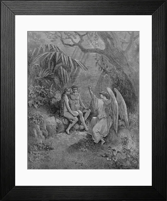 Framed Print : Raphael talks to Adam and Eve. Illustration for John Miltons Paradise Lost, 1866. Artist: Dore, Gustave (1832-1883) Framed Print : Raphael talks to Adam and Eve. Illustration for John Miltons Paradise Lost, 1866. Artist: Dore, Gustave (1832-1883)