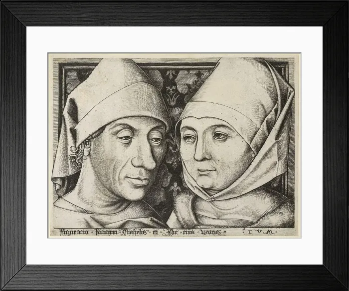 Framed Print : Self-Portrait with wife Ida, c. 1490. Artist: Meckenem, Israhel van, the Younger (ca 1440-1503) Framed Print : Self-Portrait with wife Ida, c. 1490. Artist: Meckenem, Israhel van, the Younger (ca 1440-1503)