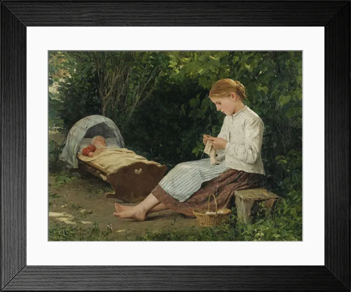 Framed Print : Knitting girl watching the toddler in a craddle Framed Print : Knitting girl watching the toddler in a craddle
