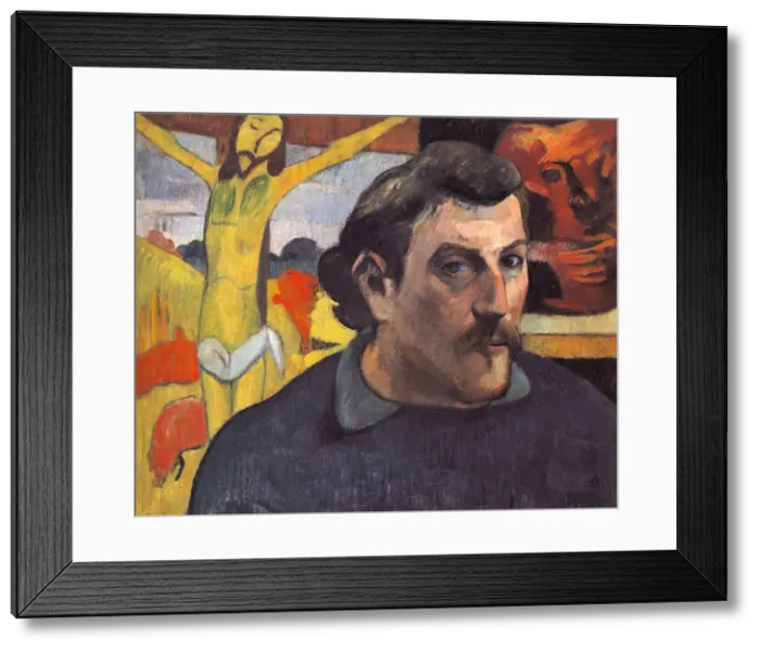 Framed Print : Self-portrait with the Yellow Christ. Artist: Gauguin, Paul Eugene Henri (1848-1903) Framed Print : Self-portrait with the Yellow Christ. Artist: Gauguin, Paul Eugene Henri (1848-1903)
