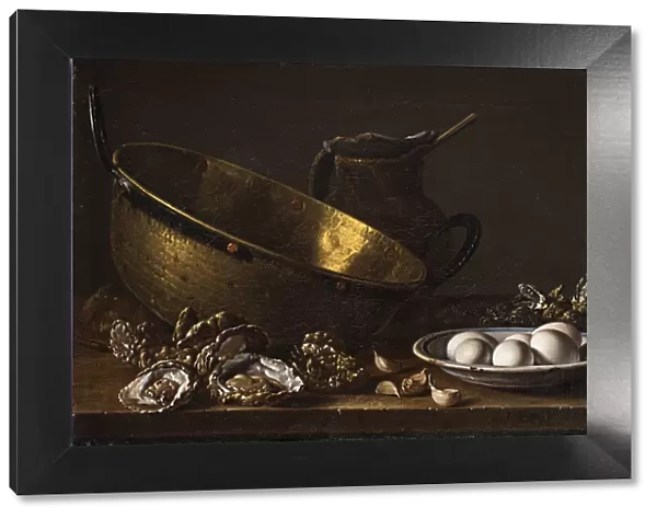 Still life with oysters, garlic, eggs, pear and pot
