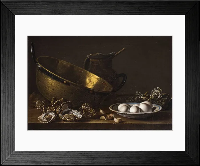 Framed Print : Still life with oysters, garlic, eggs, pear and pot Framed Print : Still life with oysters, garlic, eggs, pear and pot