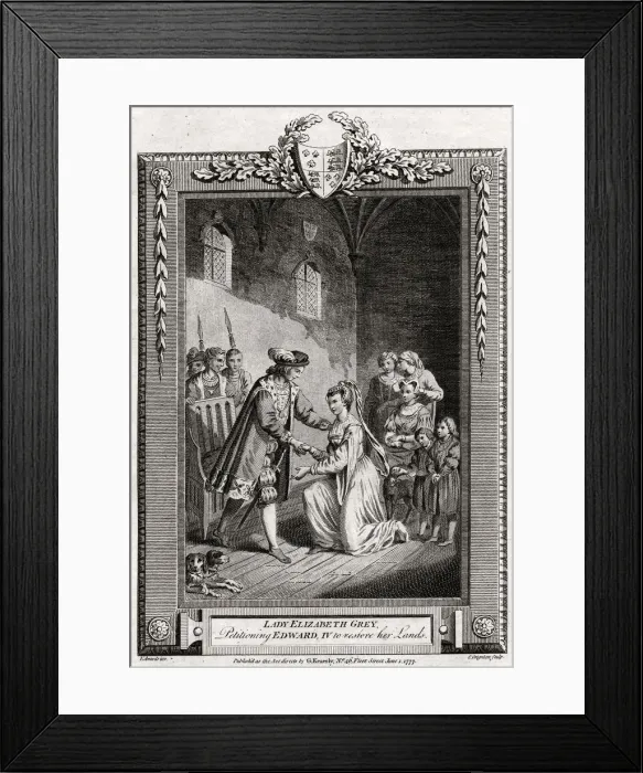 Framed Print : Lady Elizabeth Grey, petitioning Edward IV to restore her lands, 15th century, (1777). Artist: Charles Grignion Framed Print : Lady Elizabeth Grey, petitioning Edward IV to restore her lands, 15th century, (1777). Artist: Charles Grignion
