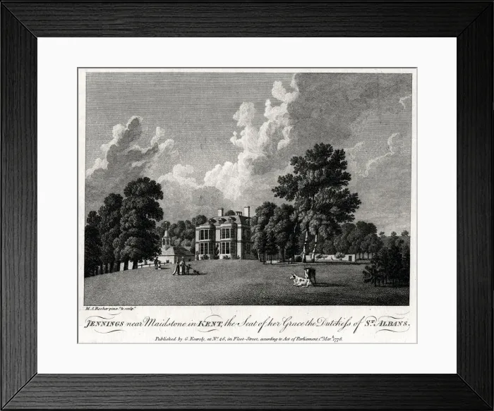 Framed Print : Jennings near Maidstone in Kent, the Seat of her Grace the Dutchess of St Albans, 1776. Artist: Michael Angelo Rooker Framed Print : Jennings near Maidstone in Kent, the Seat of her Grace the Dutchess of St Albans, 1776. Artist: Michael Angelo Rooker