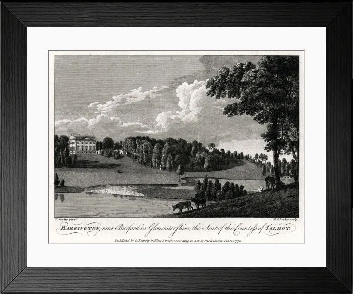 Framed Print : Barrington, near Burford in Gloucestershire, the Seat of the Countess of Talbot, 1776. Artist: Michael Angelo Rooker Framed Print : Barrington, near Burford in Gloucestershire, the Seat of the Countess of Talbot, 1776. Artist: Michael Angelo Rooker