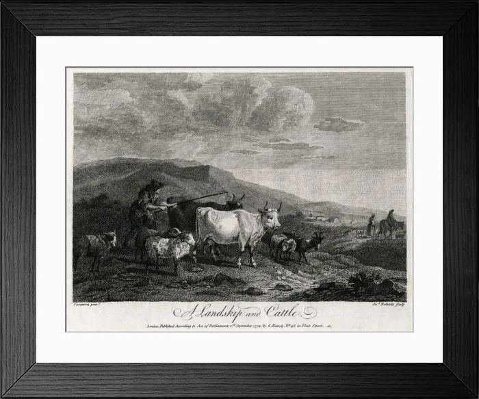 Framed Print : A Landskip and Cattle, 1774. Artist: James Roberts Framed Print : A Landskip and Cattle, 1774. Artist: James Roberts